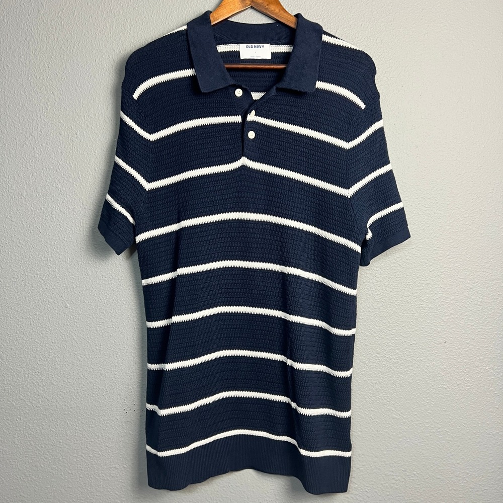 Old Navy Knit Polo Shirt Dress Striped Short SL Coastal Casual Blue White L